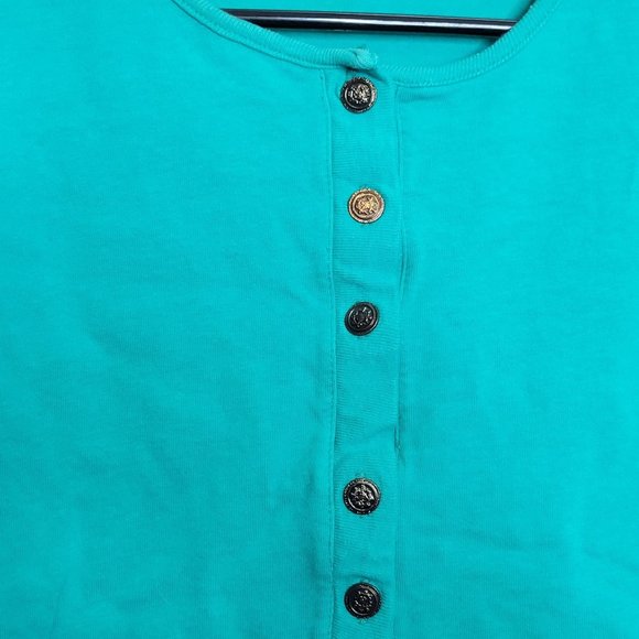 Vintage 80s Button Up Crop Top Short Sleeve Shirt Teal Green Shoulder Pads Large - Picture 7 of 10